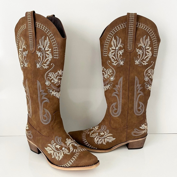 Wide Calf Knee High Embroidered Rhinestone Cowboy Boots Brown US 8 NWB - Picture 3 of 14